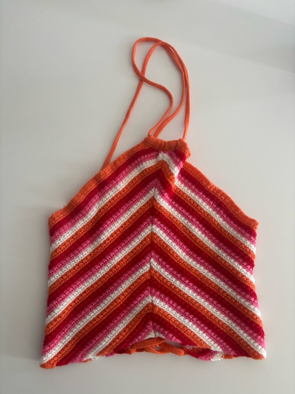 Handmade Crochet Chevron Halter Crop Top - Orange, Pink & White - S